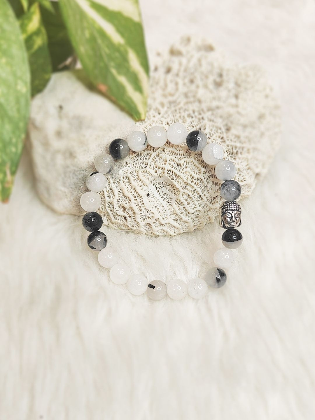 Cold Lava Studio Unisex Tourmilated Quartz & Crystals Beaded Elasticated Bracelet