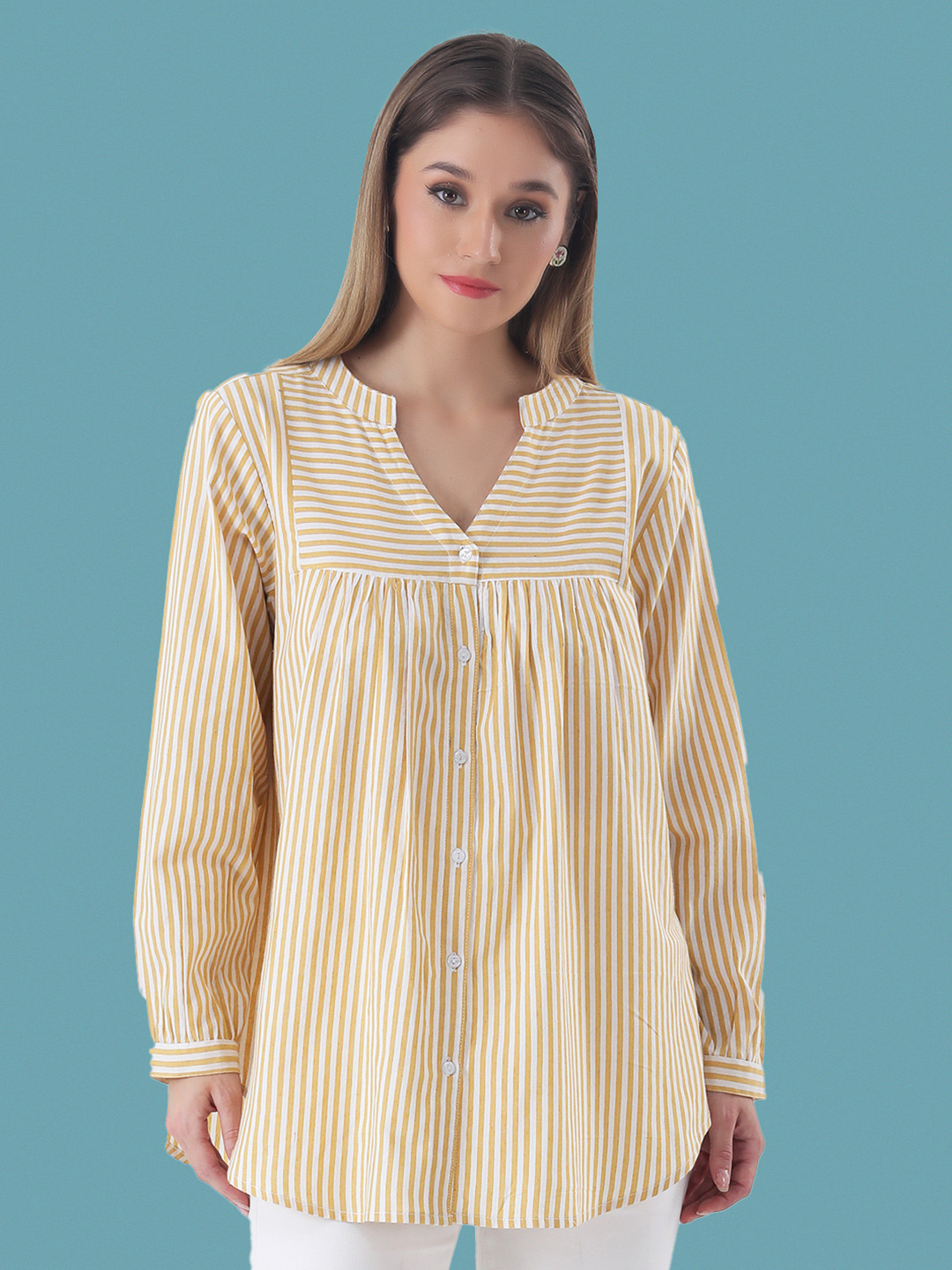 Qurvii Vertical Striped Mandarin Collar Yoke Shirt