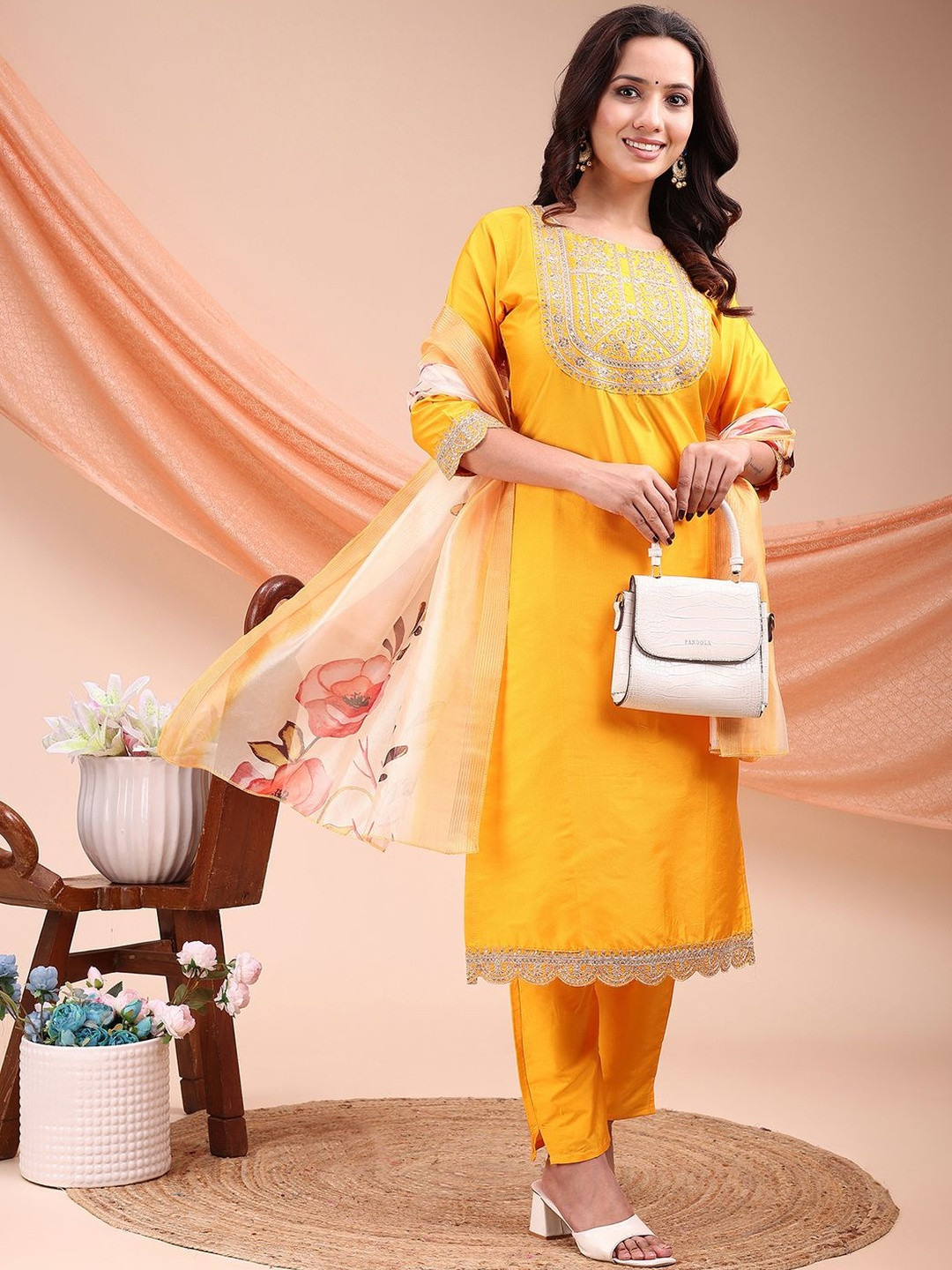 Moda Rapido Floral Embroidered Thread Work Cotton Silk Kurta With Trousers & Dupatta