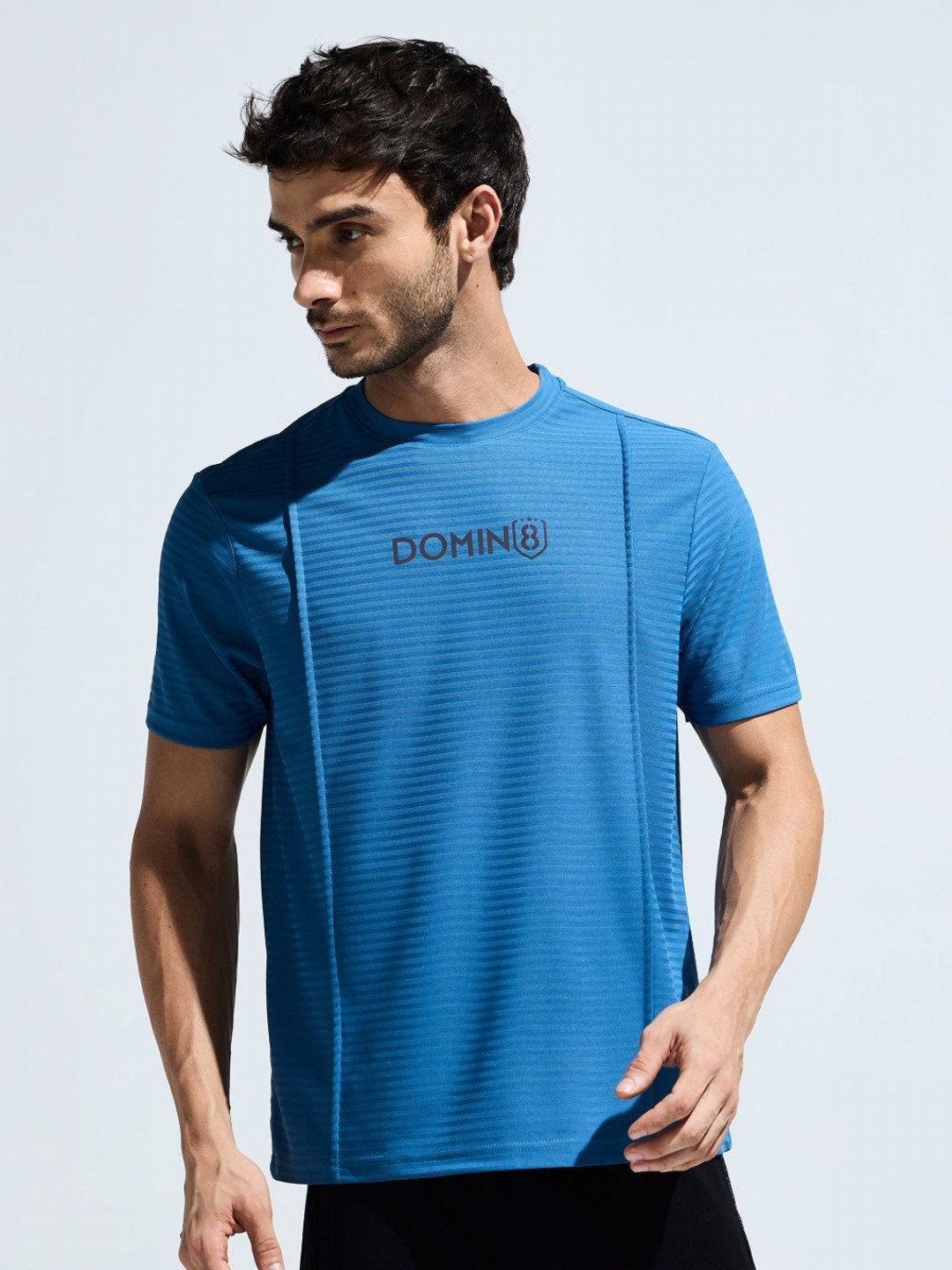 DOMIN8 Men Wrinkle Resistant Pintuck Stretchable Jacquard T-Shirt with Reflector Print