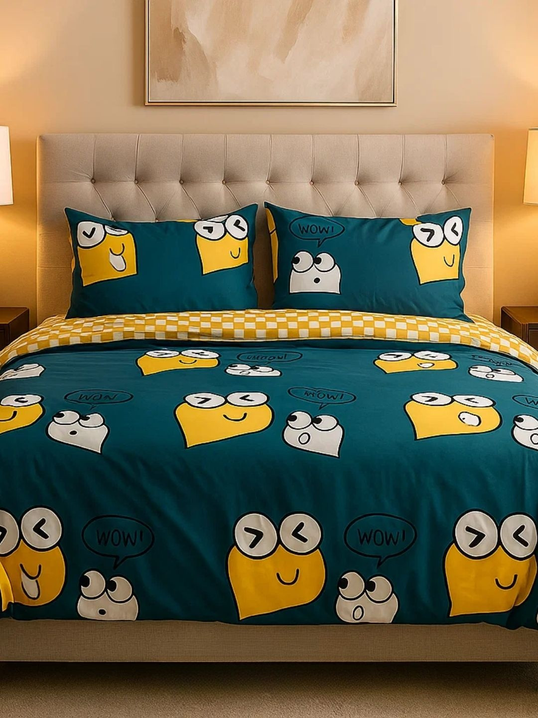 Famyo Teal & Yellow Quirky Printed Double King Blankets Quilts & Dohars