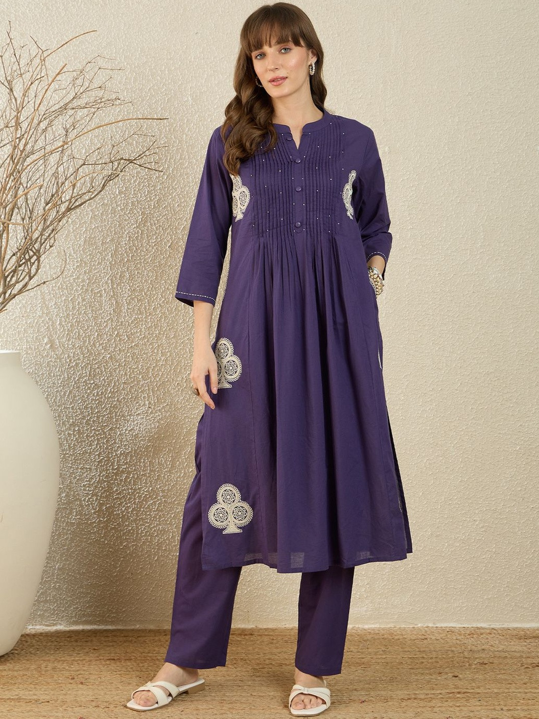 Indo Era Women Ethnic Motifs Embroidered Pleated Thread Work Pure Cotton Kurta with Trousers