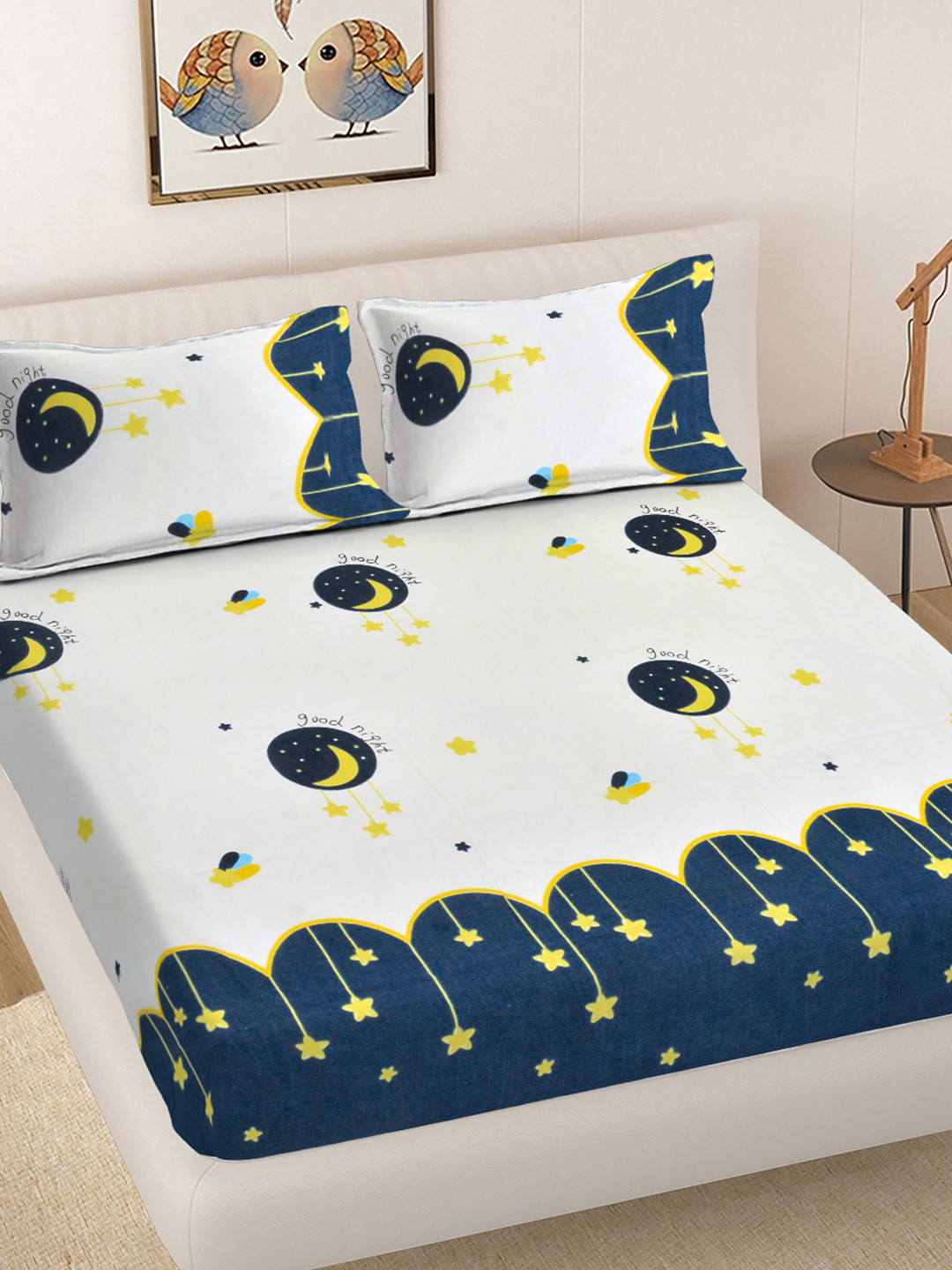 Myntra Elegant Homes White Cartoon Characters 300TC Fitted King Bedsheet & 2 Pillow Covers