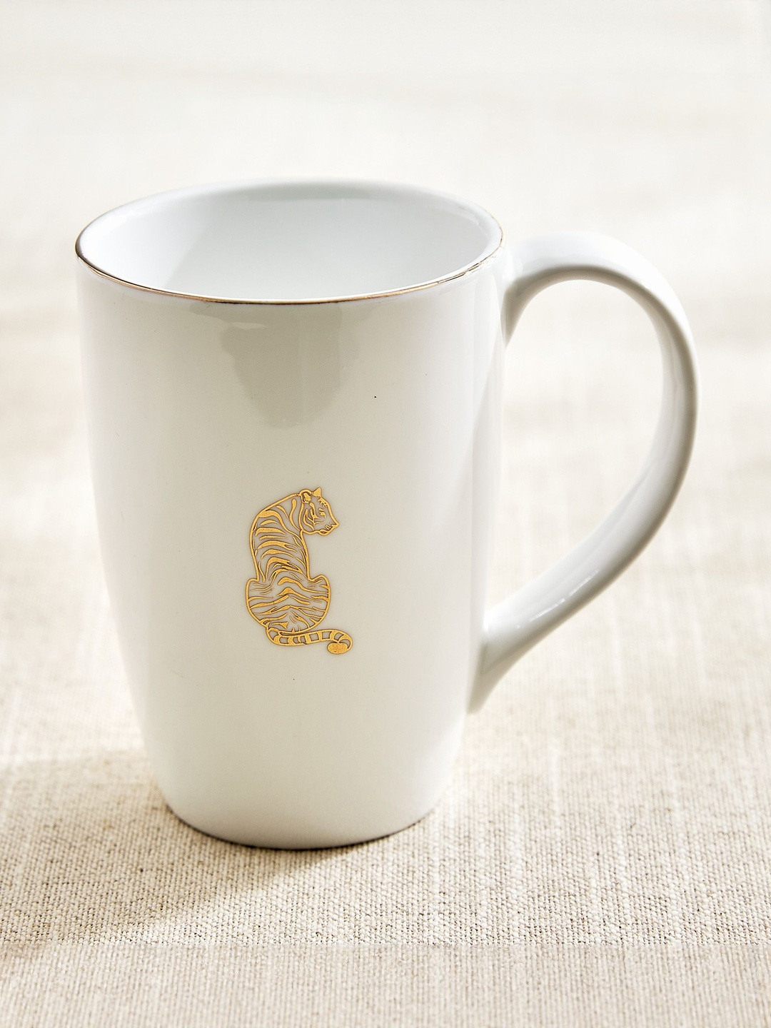 Home Centre Monara White & Gold-Toned Tiger Printed Porcelain Easy To Clean Mug 310ml
