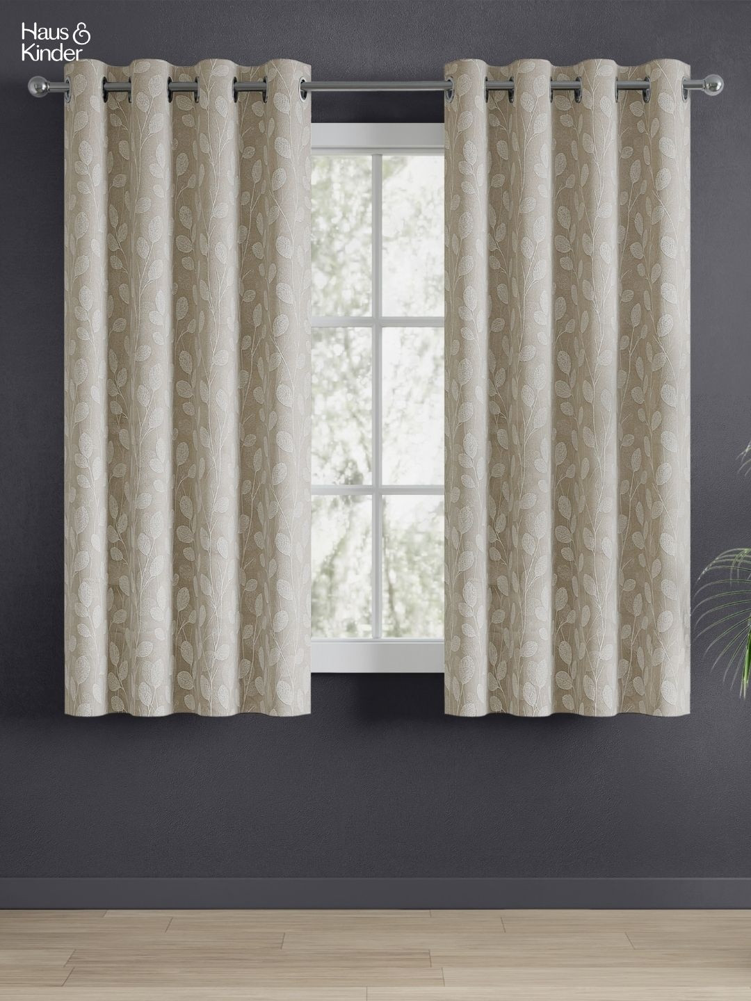 haus & kinder Lunar Leaf Grey Floral Jacquard 2 Pcs Window Room Darkening Eyelet Curtains