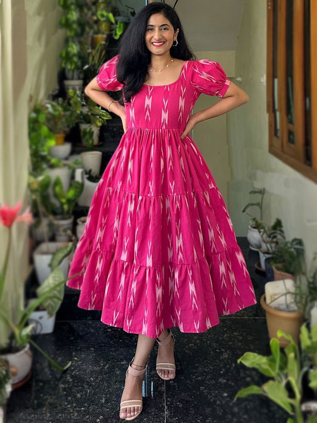 ROZLAND Print Puff Sleeve Fit & Flare Midi Dress