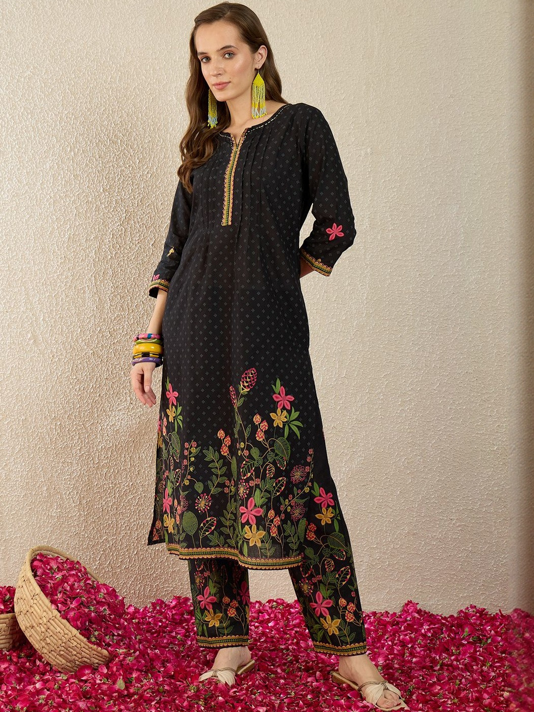 Indo Era Floral Printed Thread Work Pure Cotton Straight Kurta With Trousers