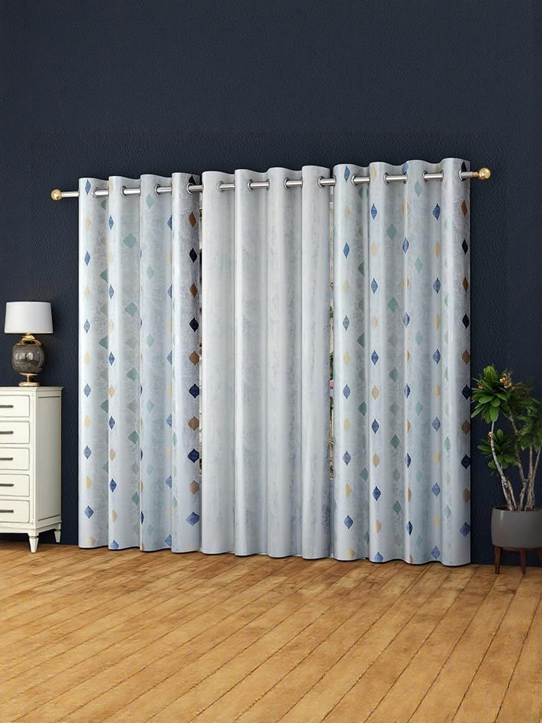 LUZDECOR Silver-Toned Abstract Printed 2 Pieces Door Room Darkening Eyelet Curtains