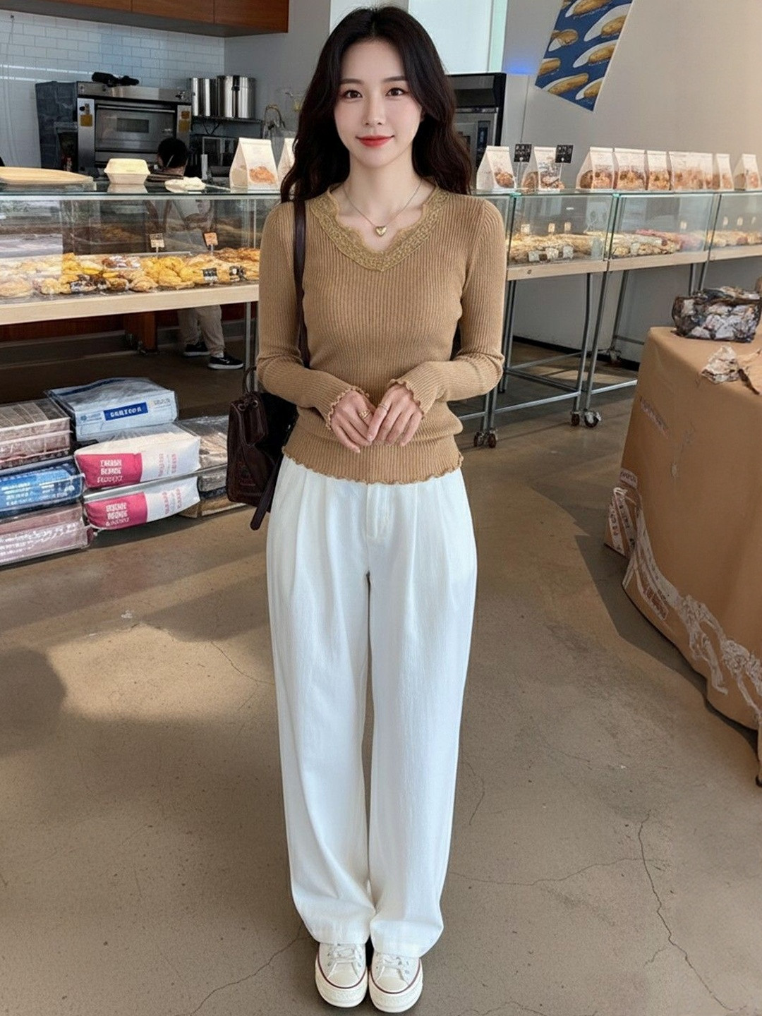HERE&NOW Women Ribbed V Neck Ruffles Fitted Top