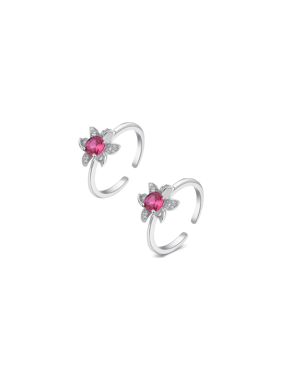 Darshraj Sterling Silver Blooming Pink Flower Toe Rings