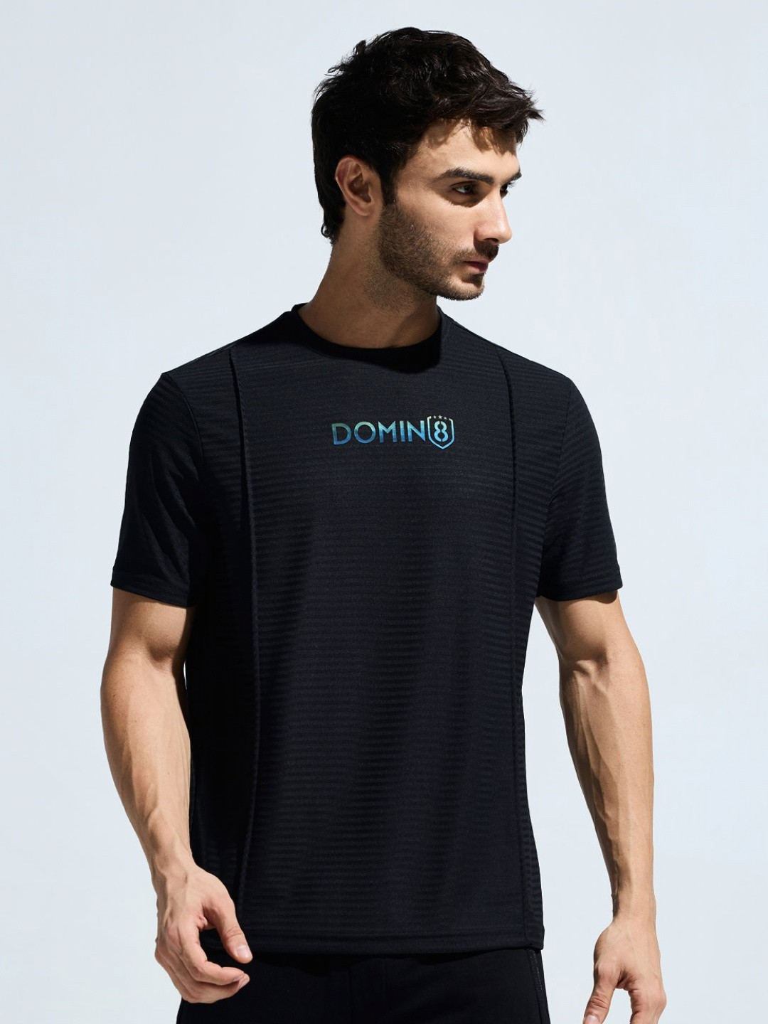 DOMIN8 Men Wrinkle Resistant Pintuck Stretchable Jacquard T-Shirt with Reflector Print