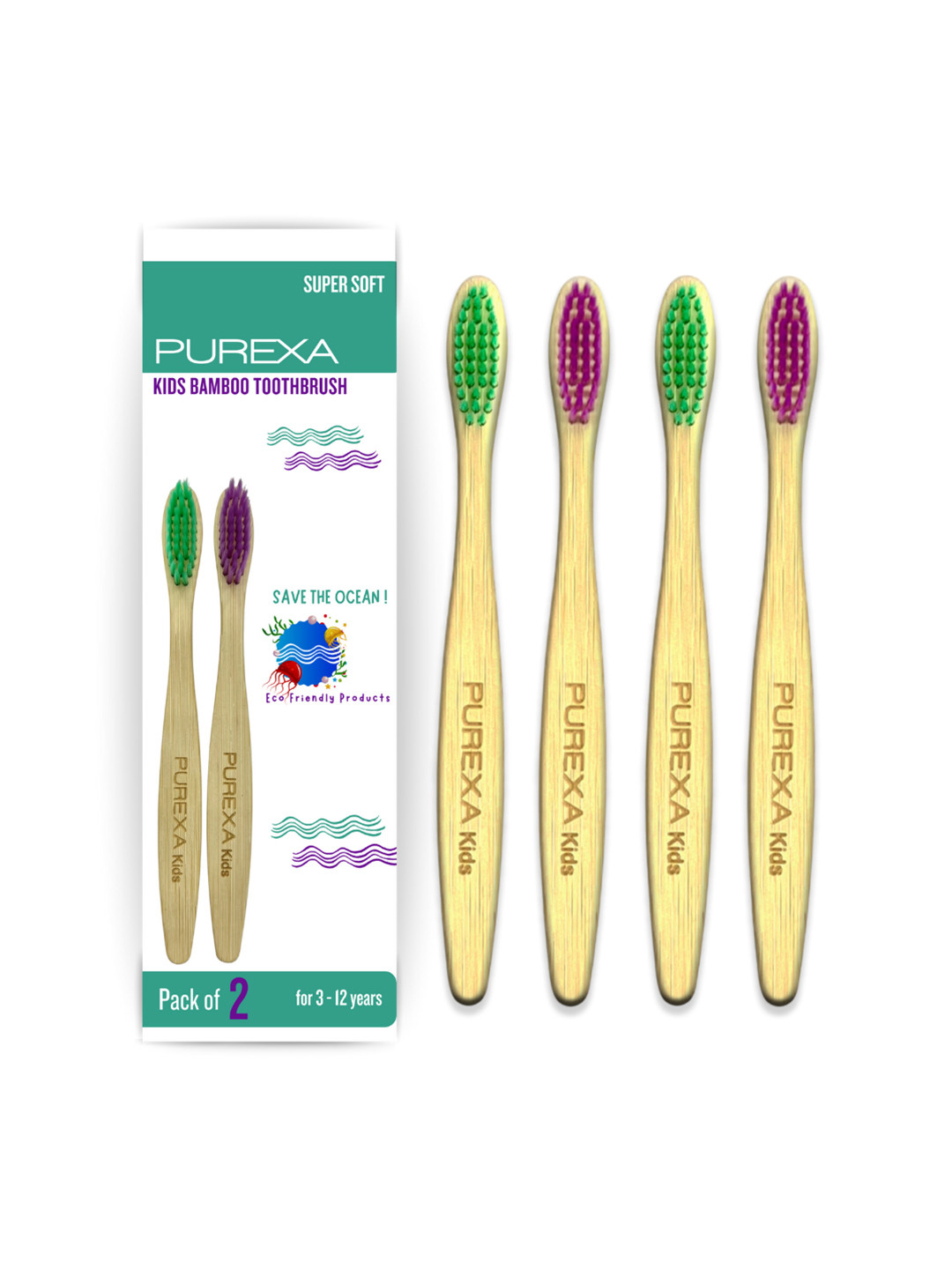 Purexa Kids Pack of 4 Bamboo Toothbrush