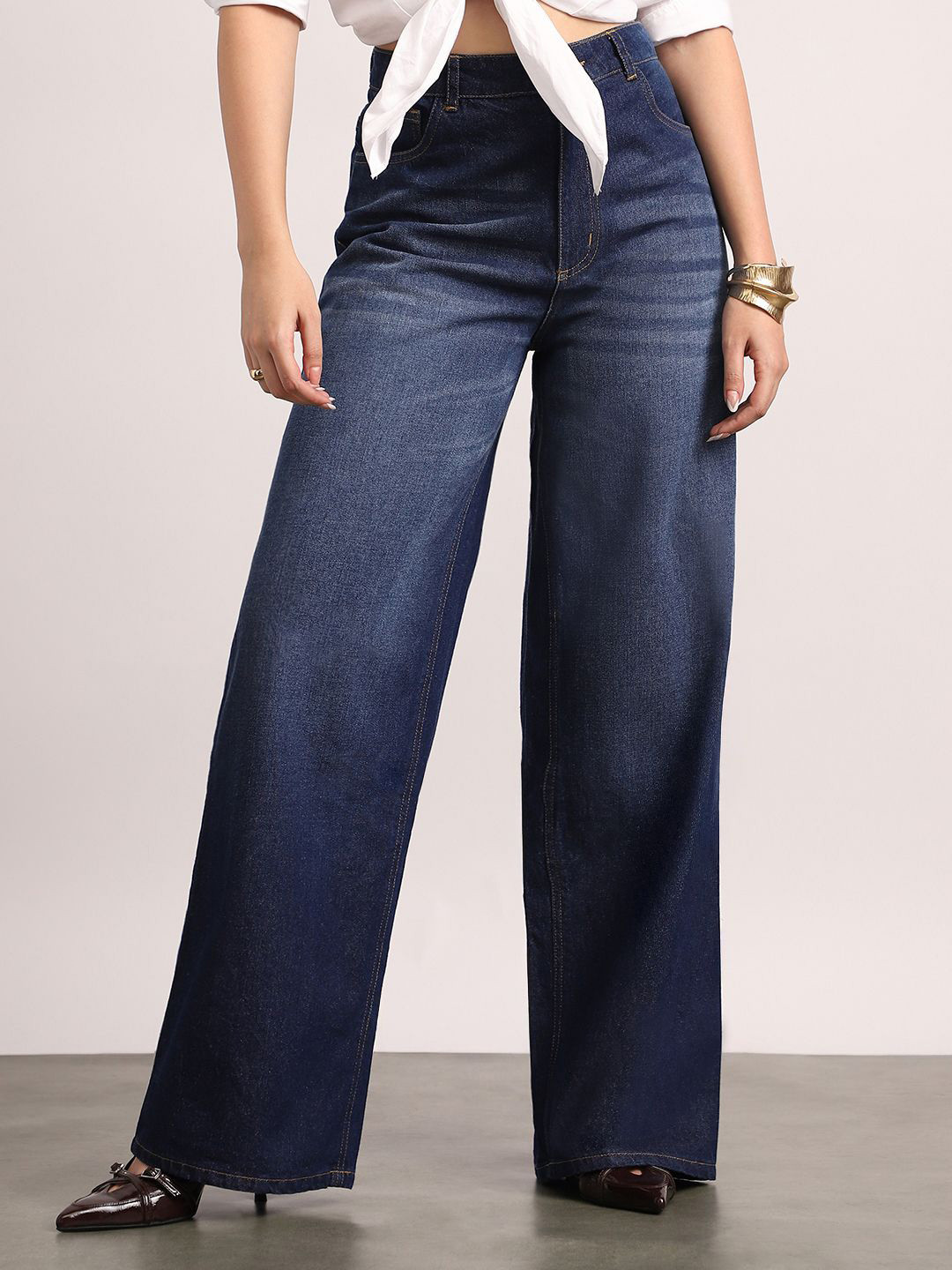 Urbano Fashion Women Dark Blue High Rise Loose Baggy Fit Washed Jeans