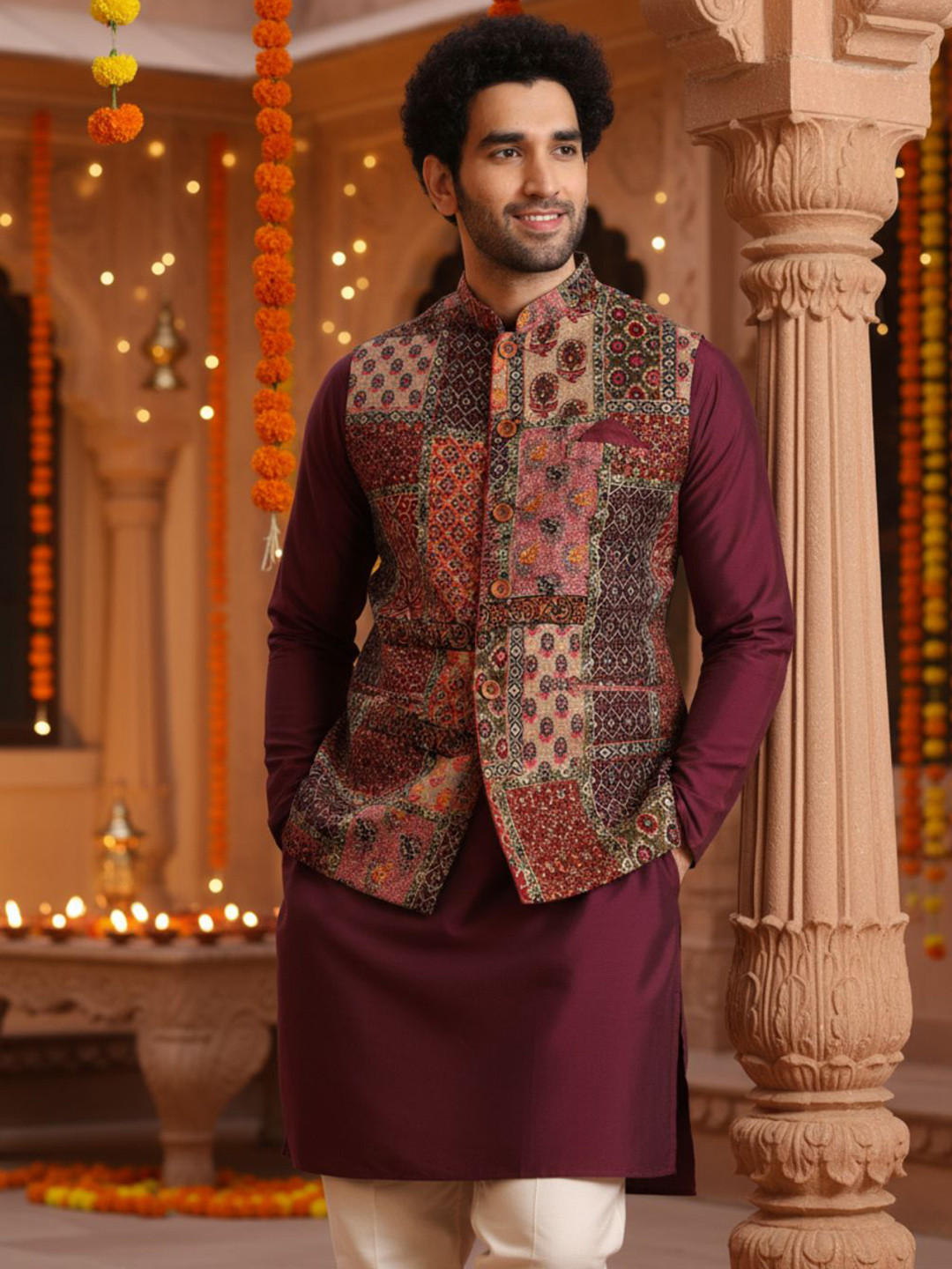 KISAH Men Maroon Patchwork Printed Silk Blend Nehru Jacket for Weddings & Festive Wear