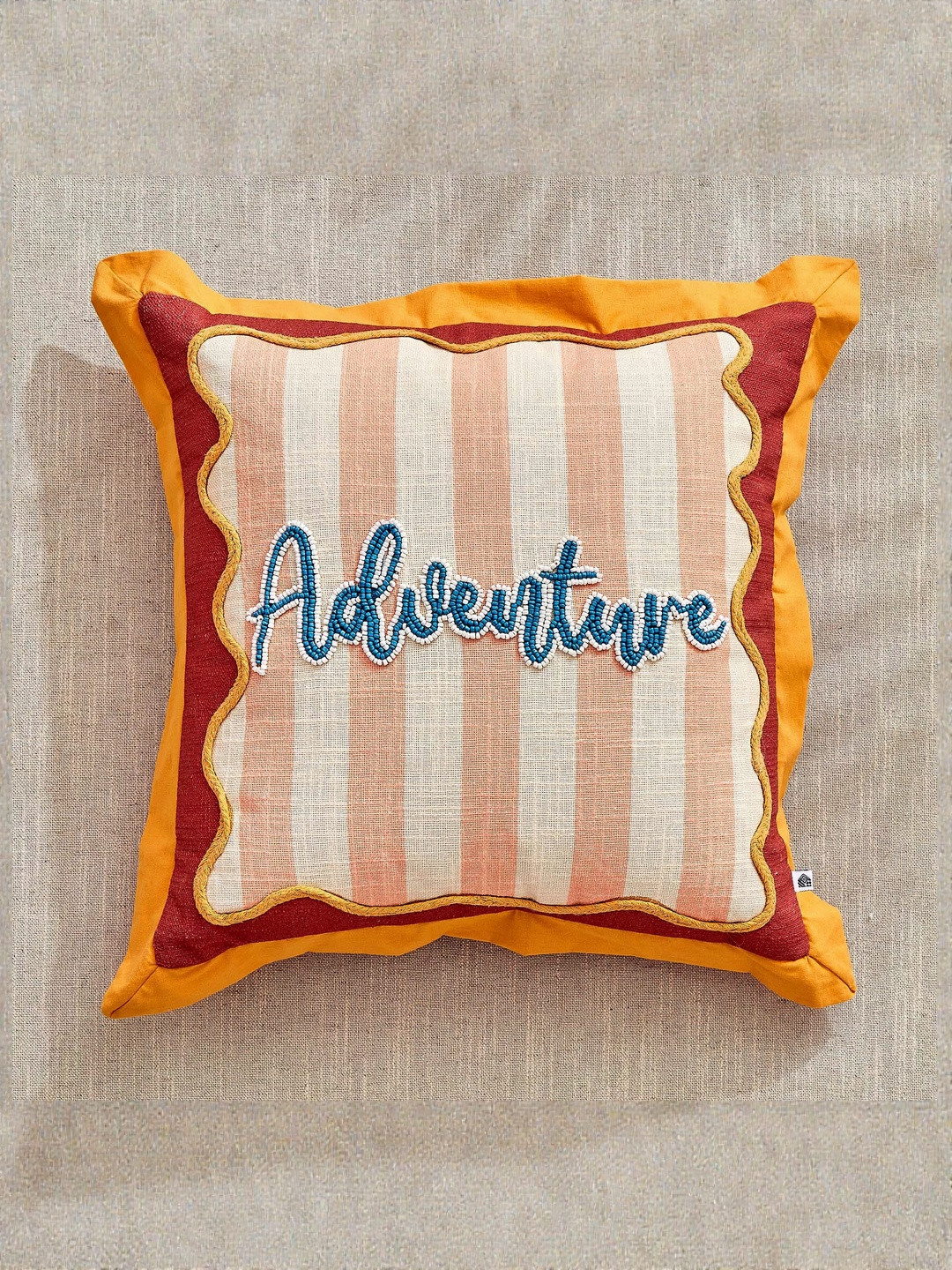 Home Centre Glance Adventure Pink & Red Striped Embellished Breathable Pre-Filled Cushion