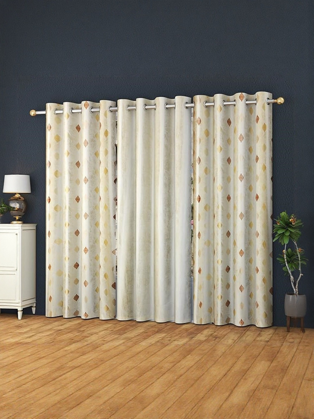 LUZDECOR Beige Geometric Lightweight 3 Pieces Long Door Room Darkening Eyelet Curtains