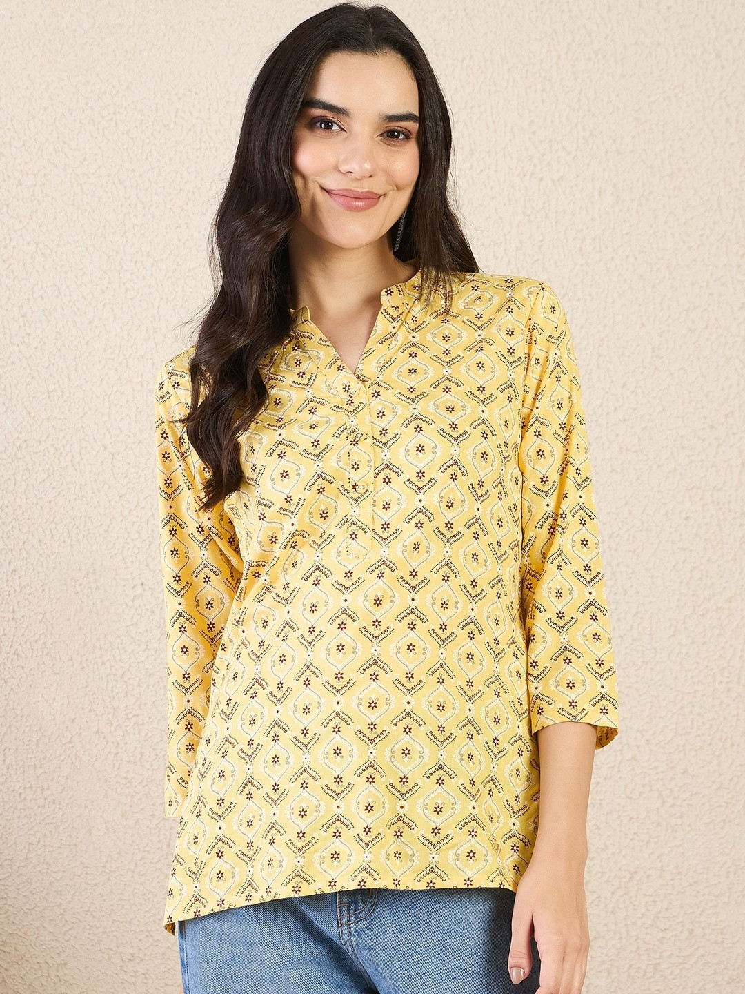 Anouk Yellow Geometric Print Shirt Collar Top