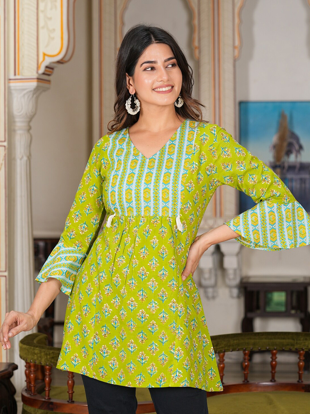 YASH GALLERY Floral Printed Bell Sleeves A-Line Kurti