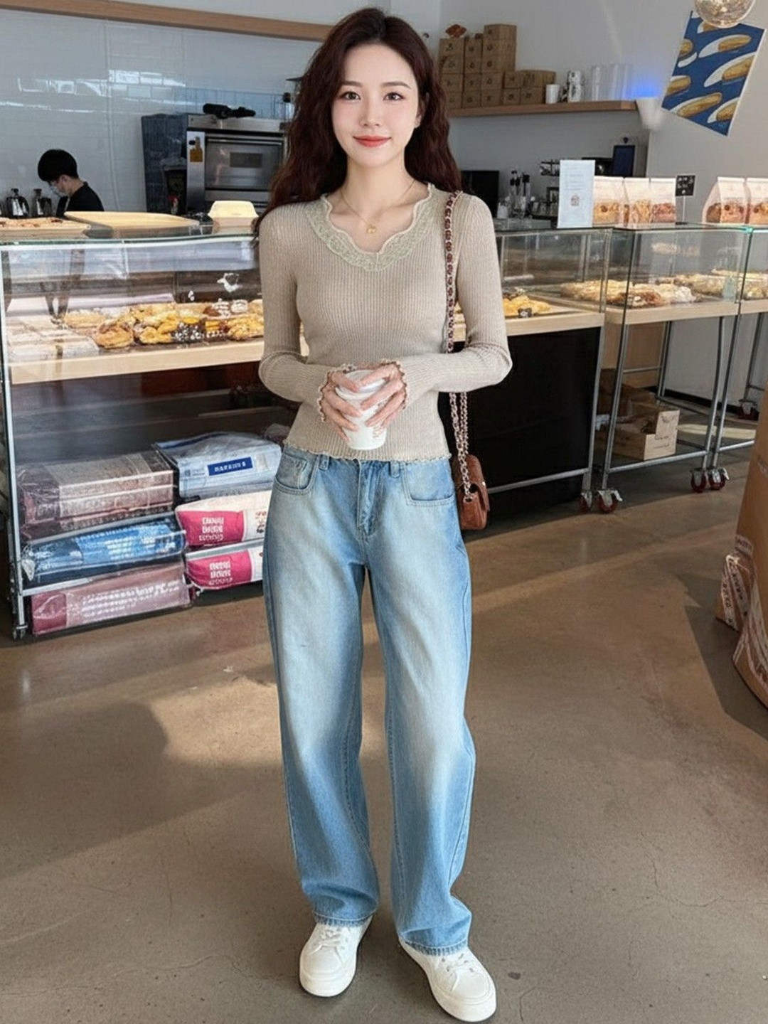 HERE&NOW Women Ribbed V-Neck Full Sleeves Lace Insert Regular Top