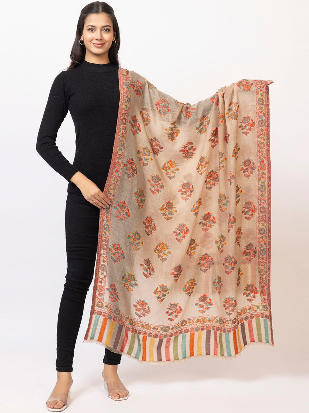 TILLAARI Floral Woven Design Shawl With Fringed Border