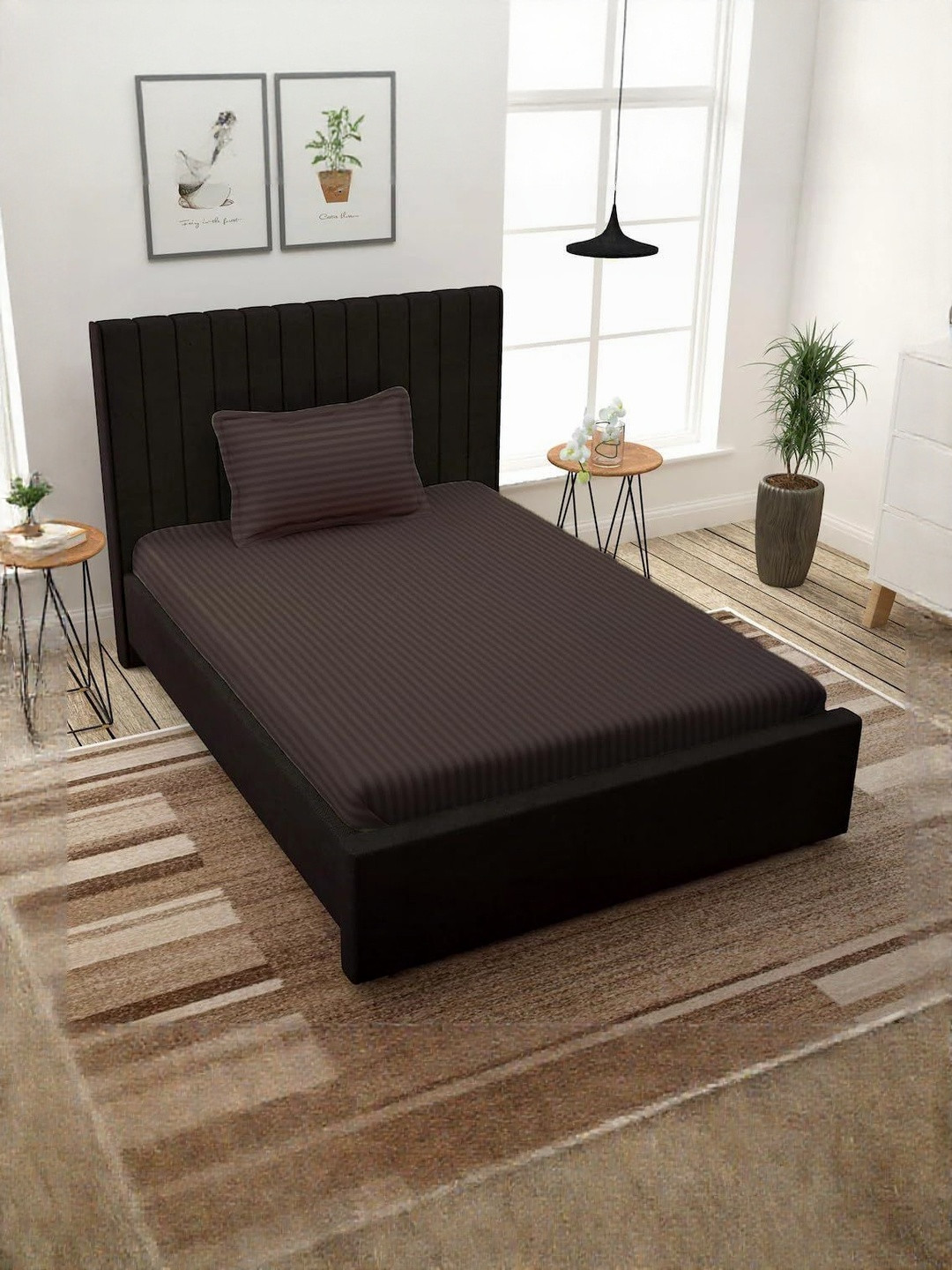 Filymore Brown Striped 300 TC Double Bedsheet with 1 Pillow Covers