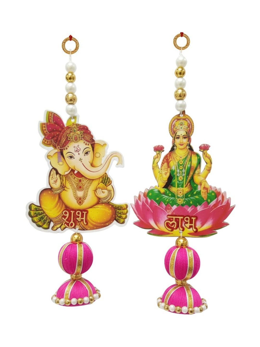 Tiny Shiny 2 Pieces Pink And Green Laxmi Ganesh Subh Labh Wall Hanging