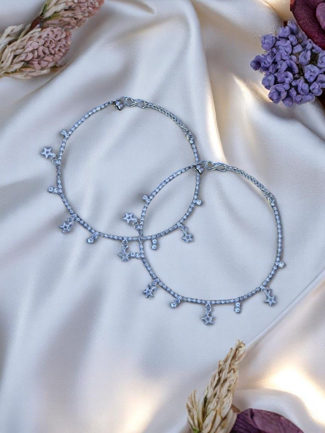 AccessHer Silver-Plated Rhinestone Studded & Ghungroo Beaded Anklets