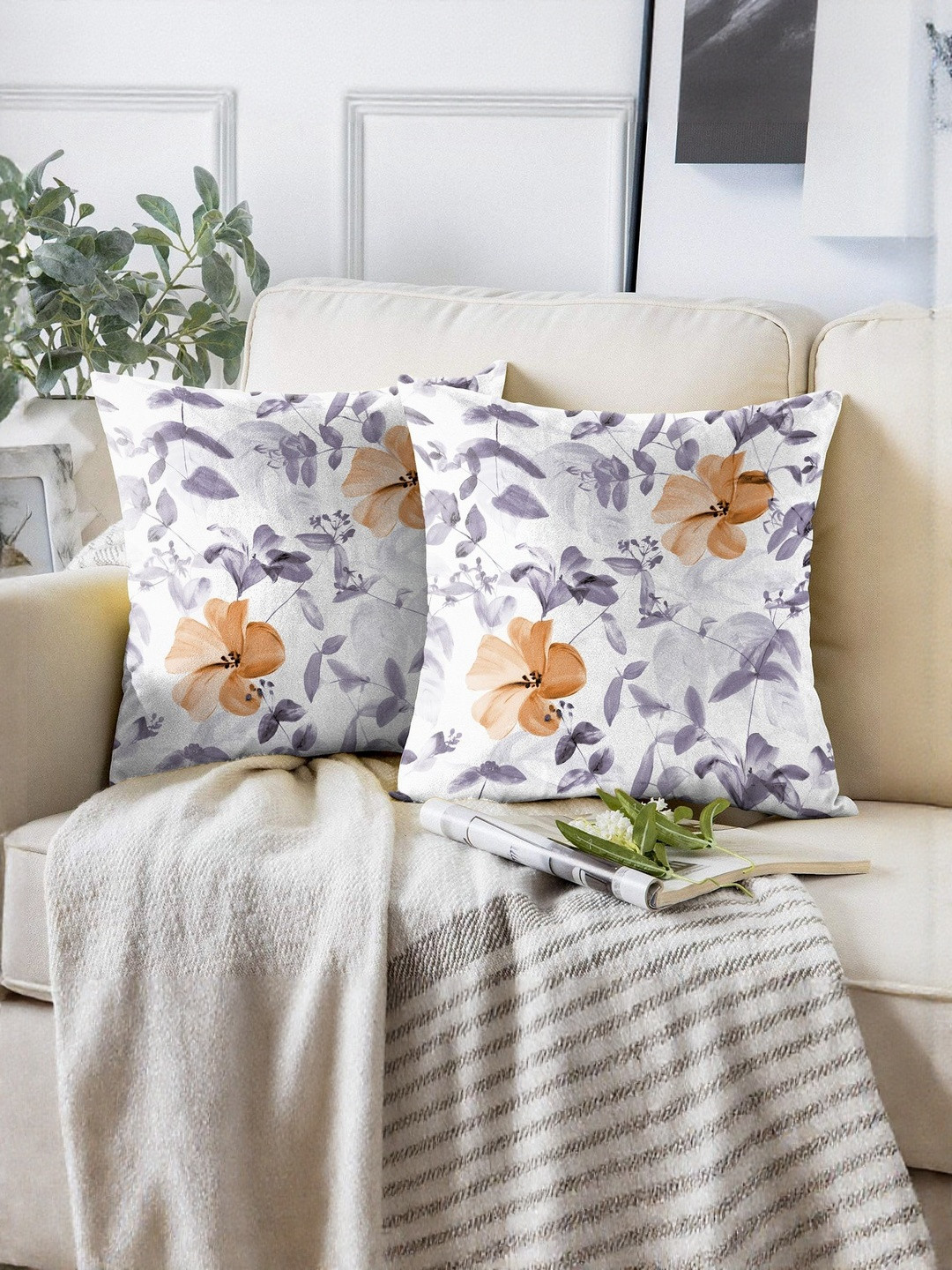 CASABLEU Orange And White 2 Pieces  Floral Square Cushion Covers