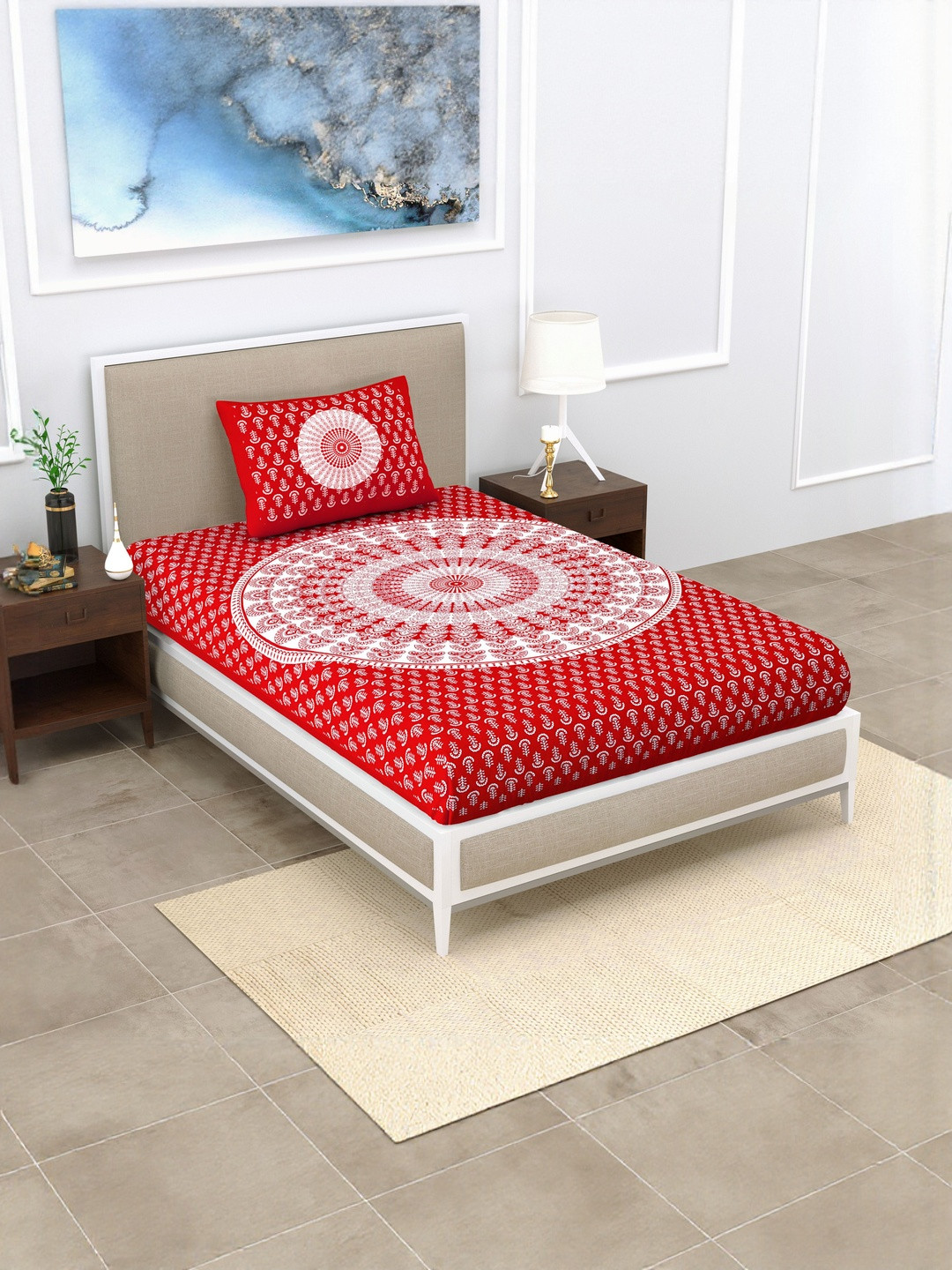 ABHACLOTHO Red Floral 144 TC Single Bedsheet with 1 Pillow Covers