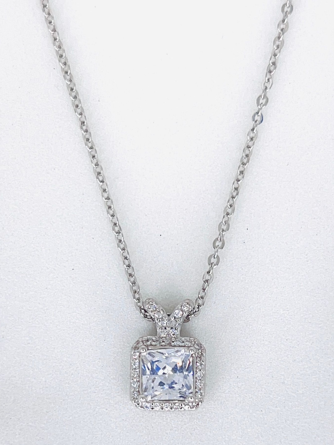 Rukmi Sterling Silver Rhodium-Plated Zircon Studded Square Shaped Pendants With Chains