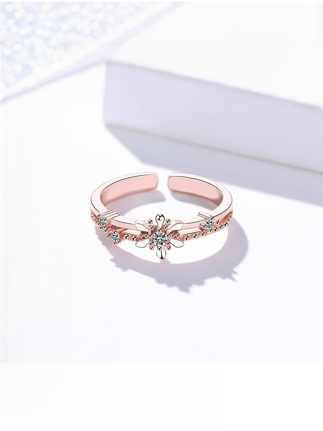 MYSTICFLAVIA Rose Gold Dainty Floral Zircon Adjustable Silver Ring