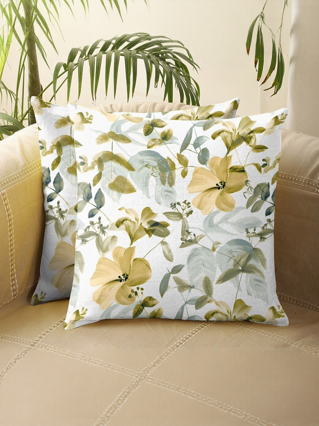 CASABLEU Lime Green And White 2 Pieces  Floral Square Cushion Covers
