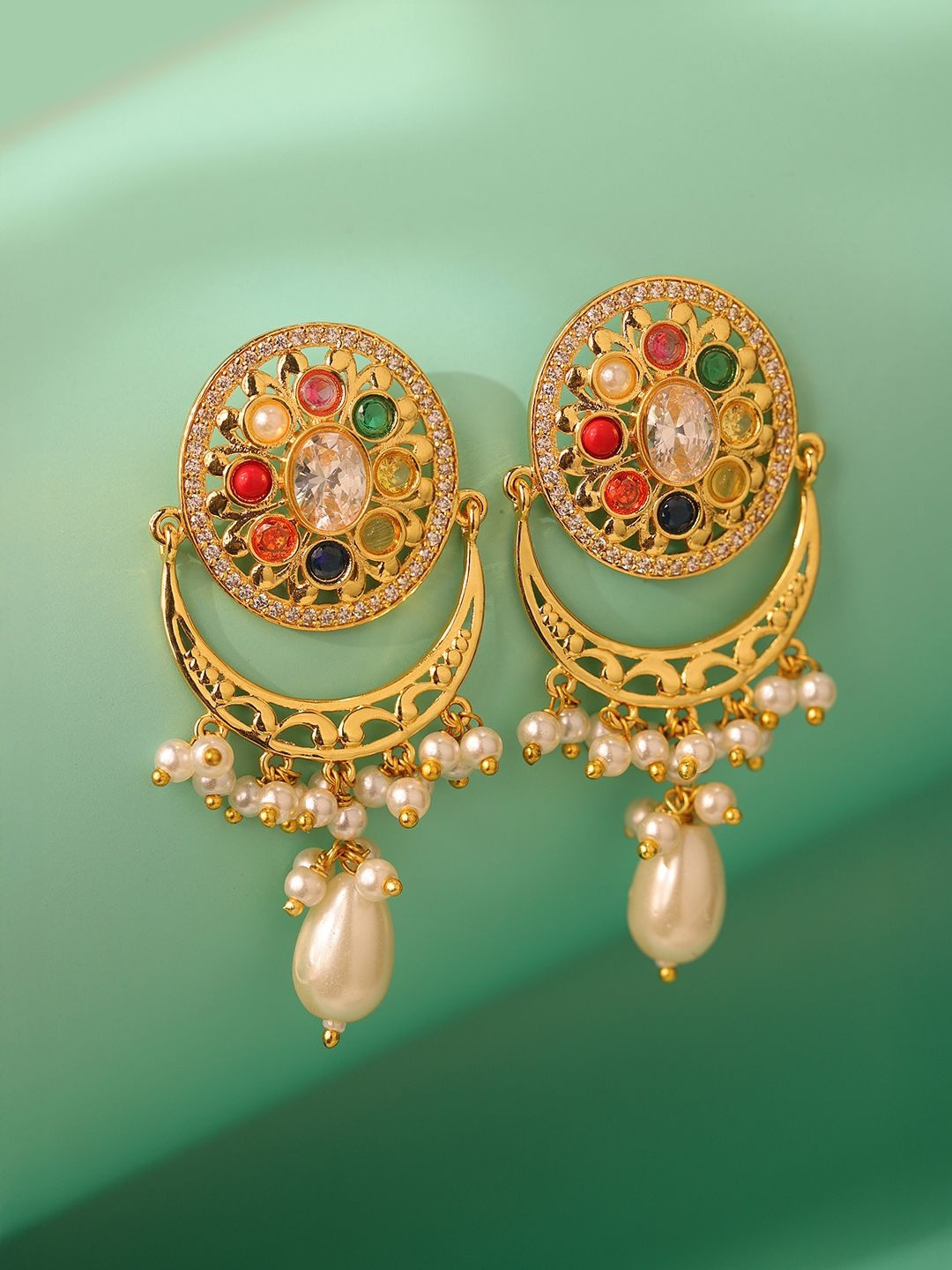 Voylla Navratna Eternal Gold-Plated Kundan Studded & Artificial Beaded Chandbalis Earrings