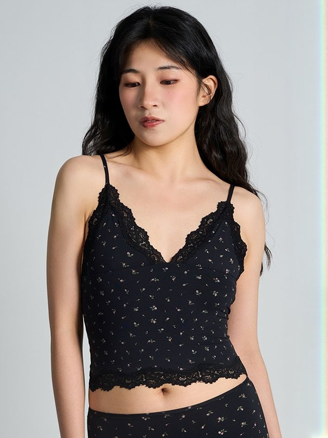 LULU & SKY Floral Print Ruffles Tank Crop Top