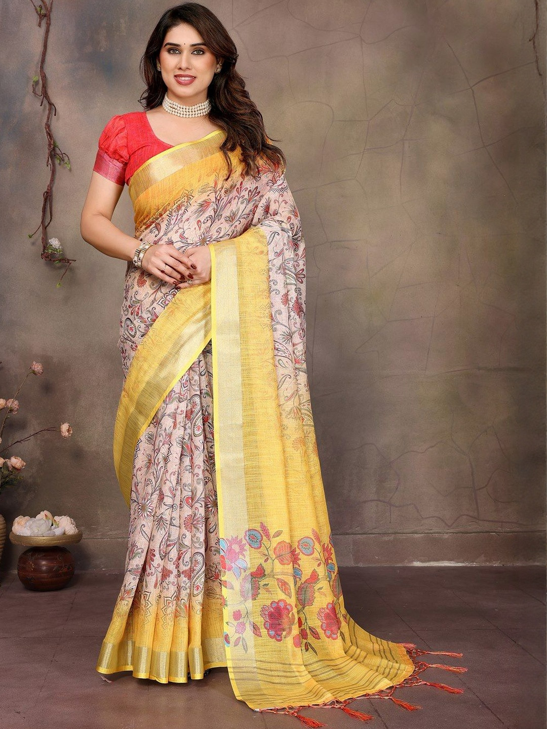 WOVENSTOCK Floral Zari Pure Linen Handloom Block Print Saree
