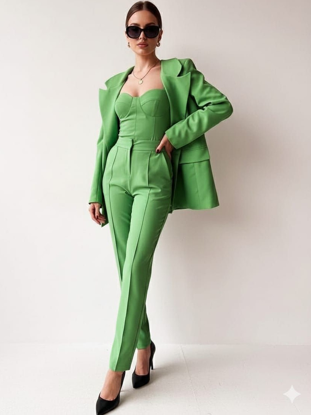 HIGH BUY Off-Shoulder Long Sleeves Top With Trousers & Blazer