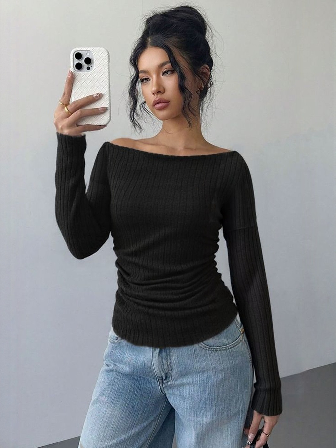 LULU & SKY Women Black Polyester Boat Neck Long Sleeve Top