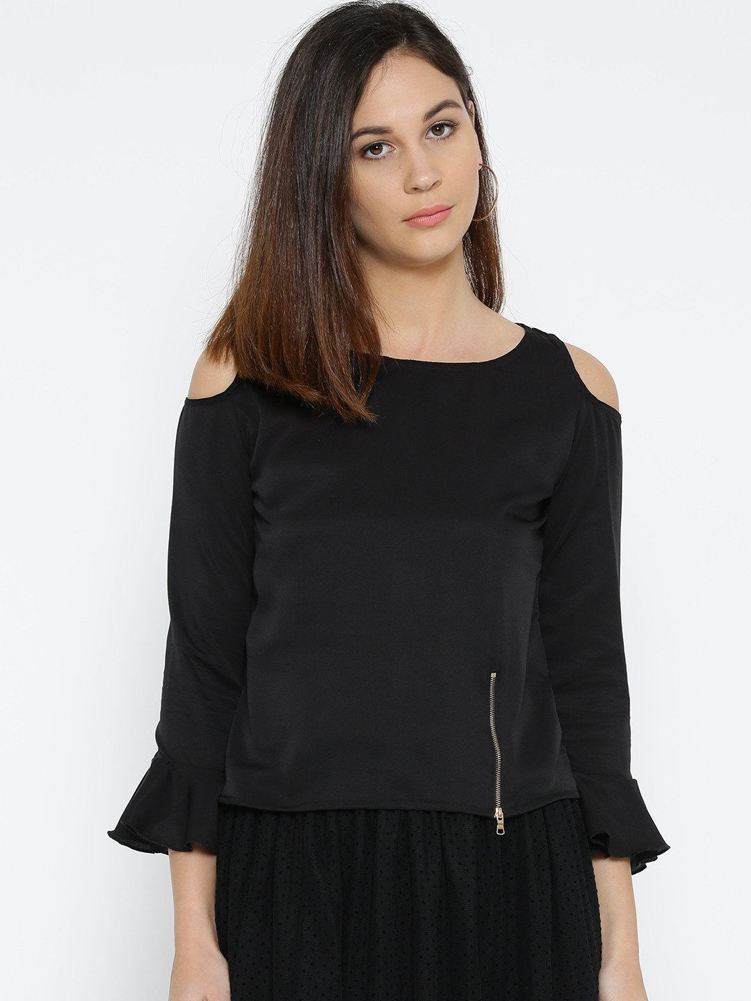 Moda Rapido Women Solid Cold-Shoulder Zip Details Crepe Top