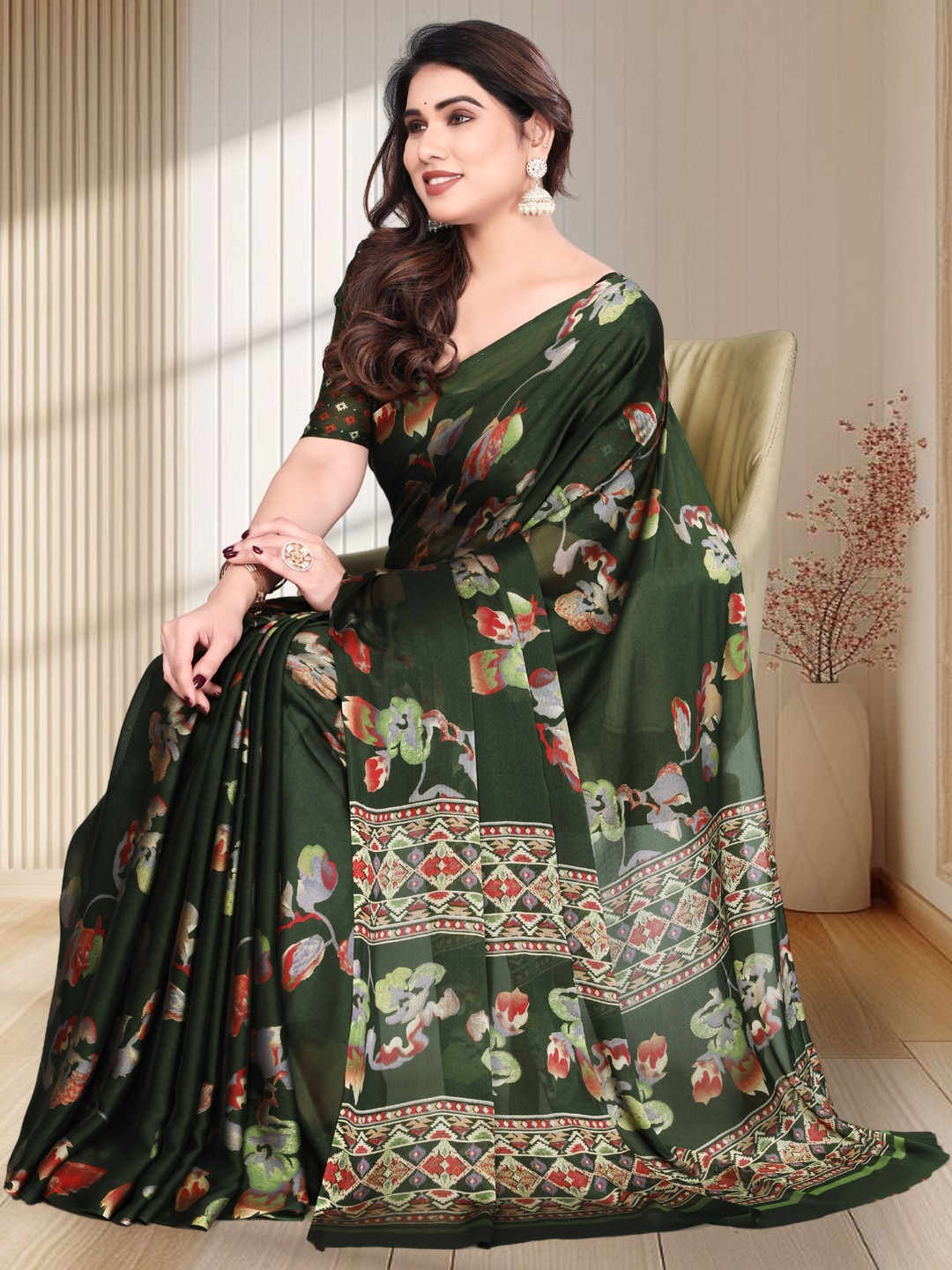 BilloRani Floral Pure Chiffon Designer Saree