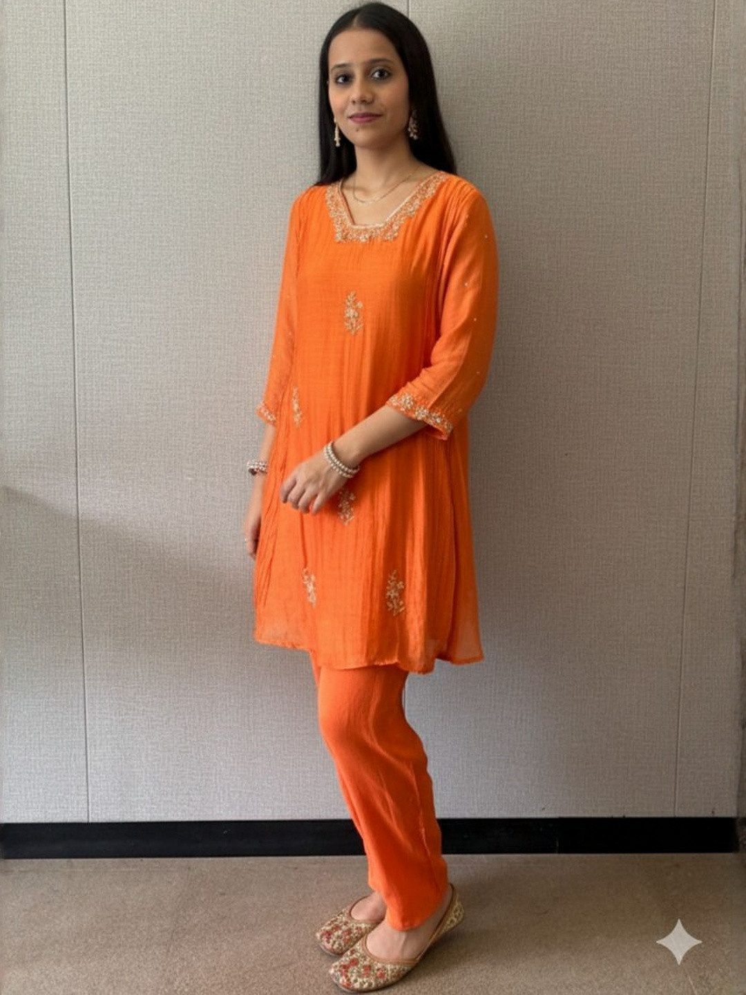 STYLESANG Women Embroidered Thread Work Chanderi Cotton Kurti with Trousers