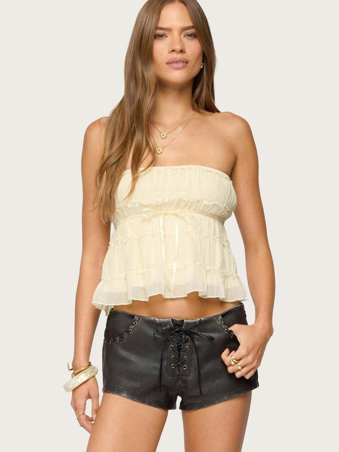 LULU & SKY Cream Strapless Ruffled Crop Top