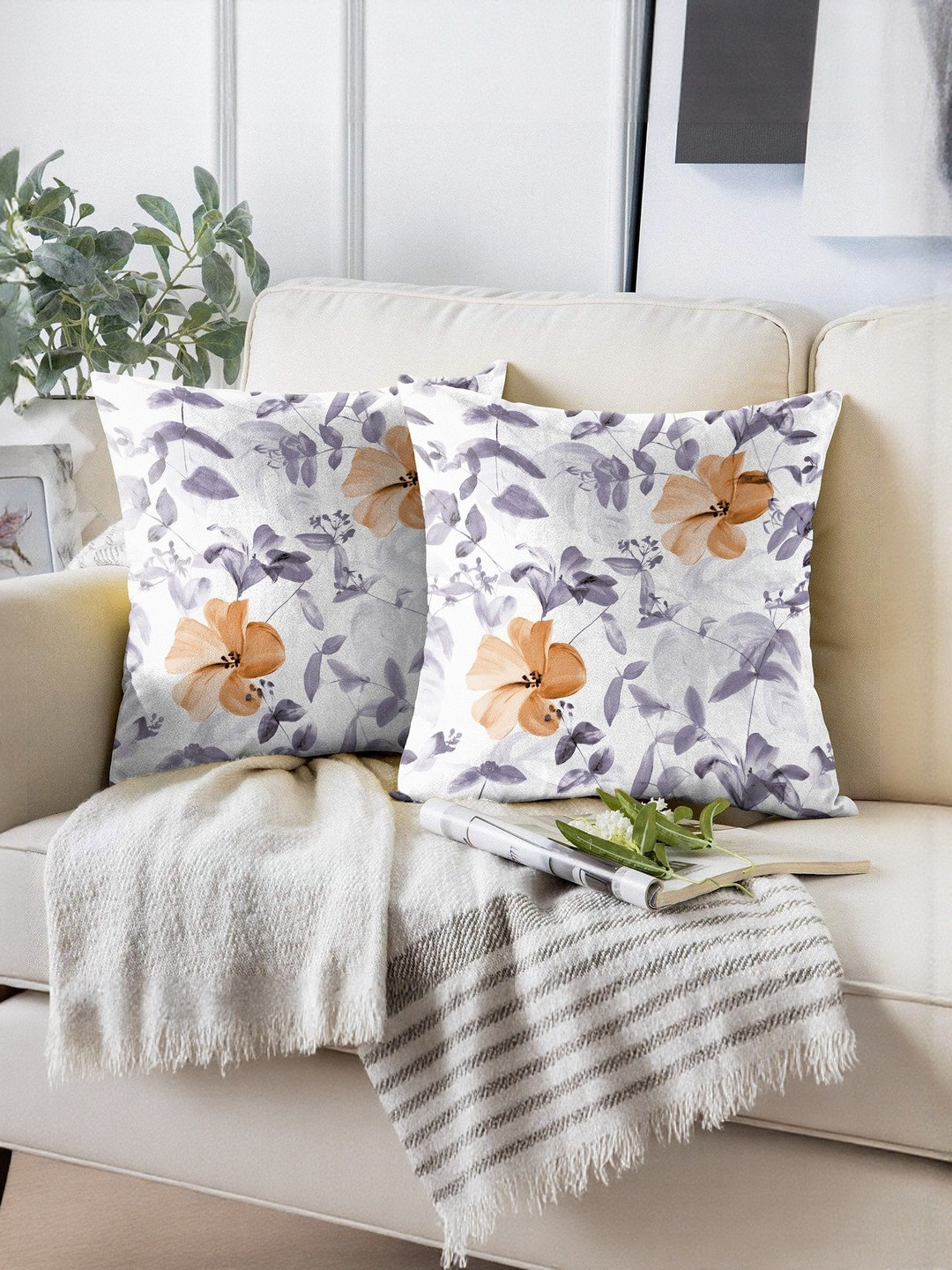 CASABLEU Orange And White 2 Pieces Floral Square Cushion Covers