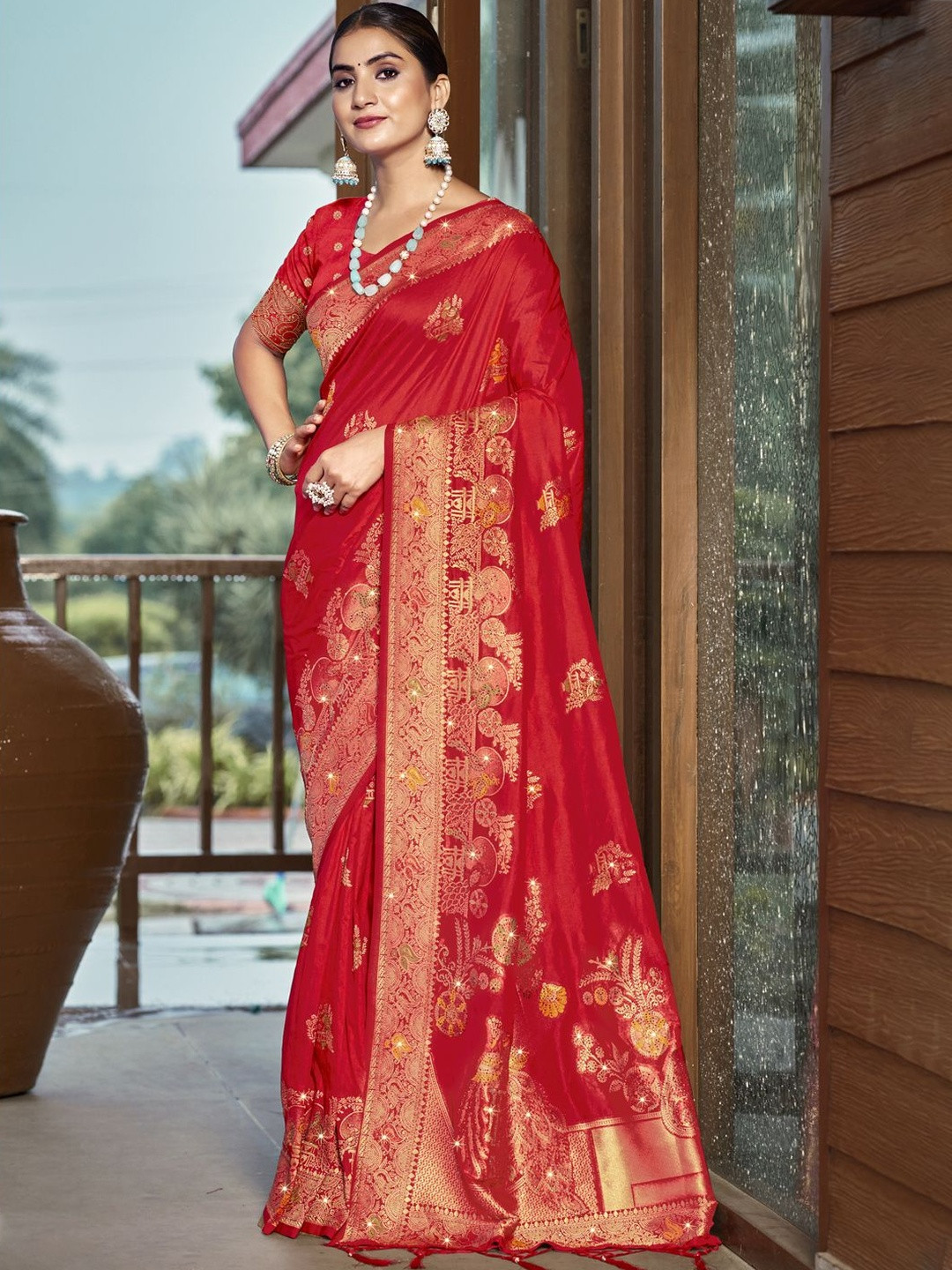 DEVATITHI Woven Design Red Silk Saree