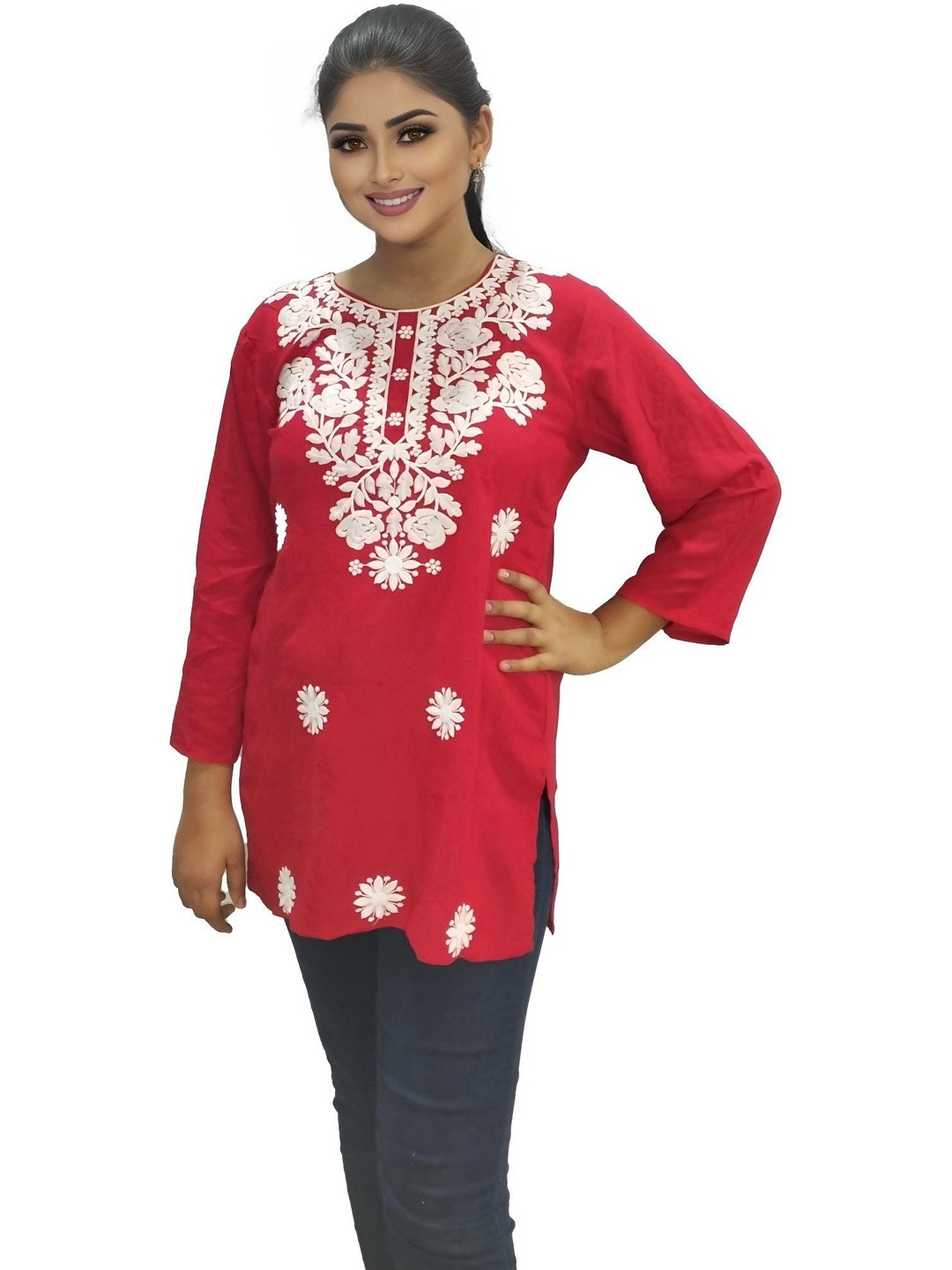 FASHION Women Floral Embroidered Thread Work Straight Festive Kurti