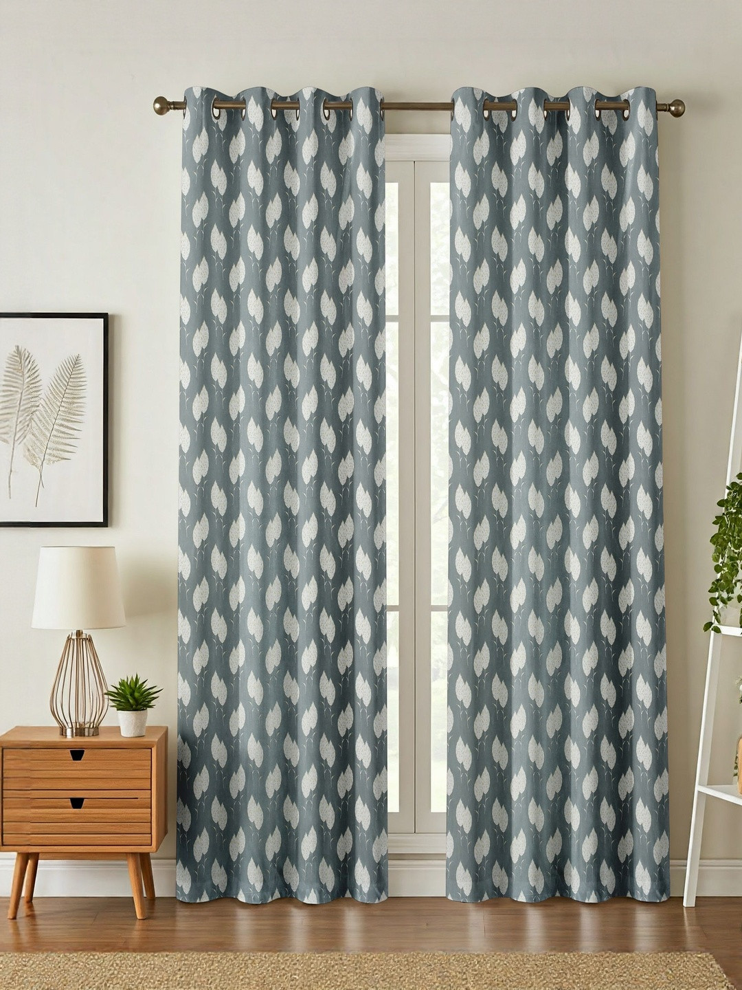 LUZDECOR Grey And White Abstract Printed 2 Pieces Long Door Room Darkening Eyelet Curtains
