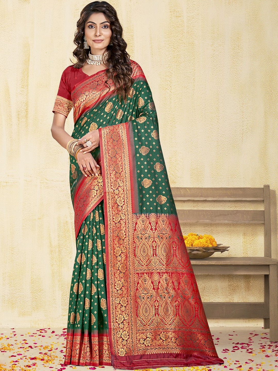 DEVATITHI Woven Design Dark Green Silk Saree