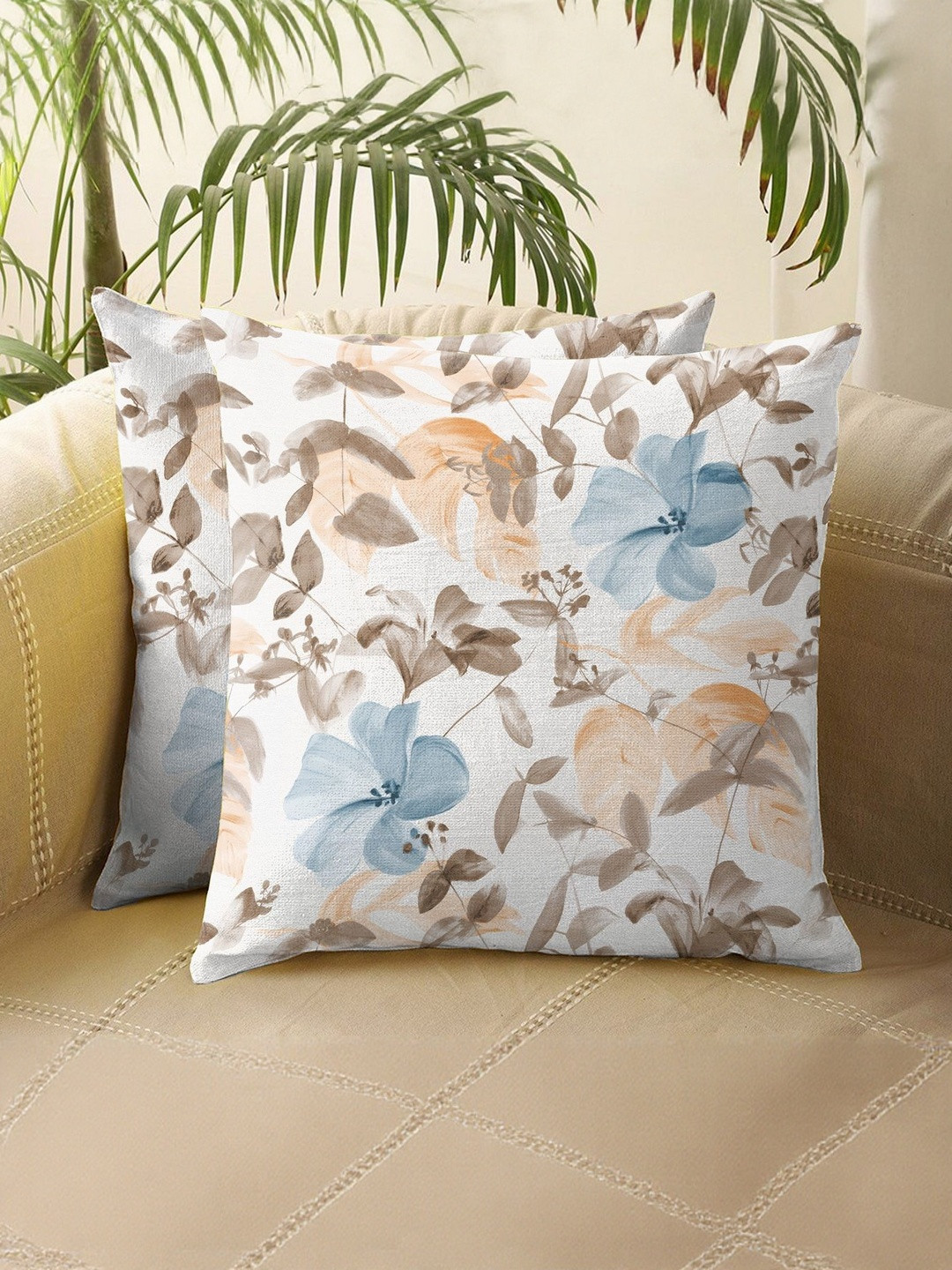 CASABLEU Blue And White 2 Pieces  Floral Square Cushion Covers