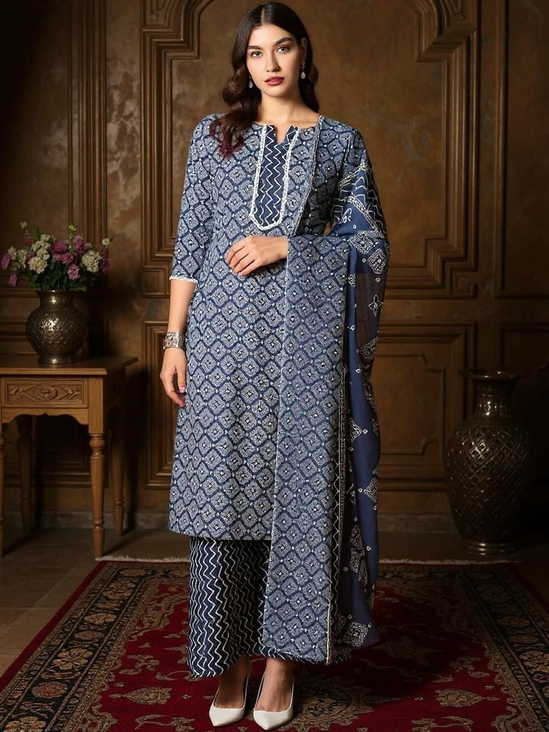 Istyle Can Women Ethnic Motifs Printed Regular Thread Work Kurta with Palazzos & With Dupatta