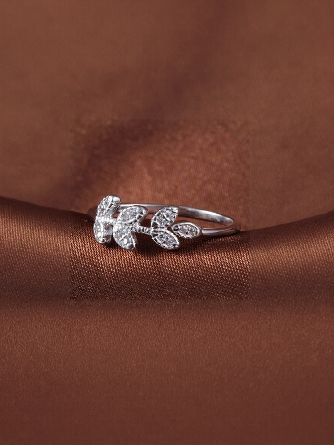 MYSTICFLAVIA Silver-Plated Cubic Zirconia Studded Leaf Style Rings