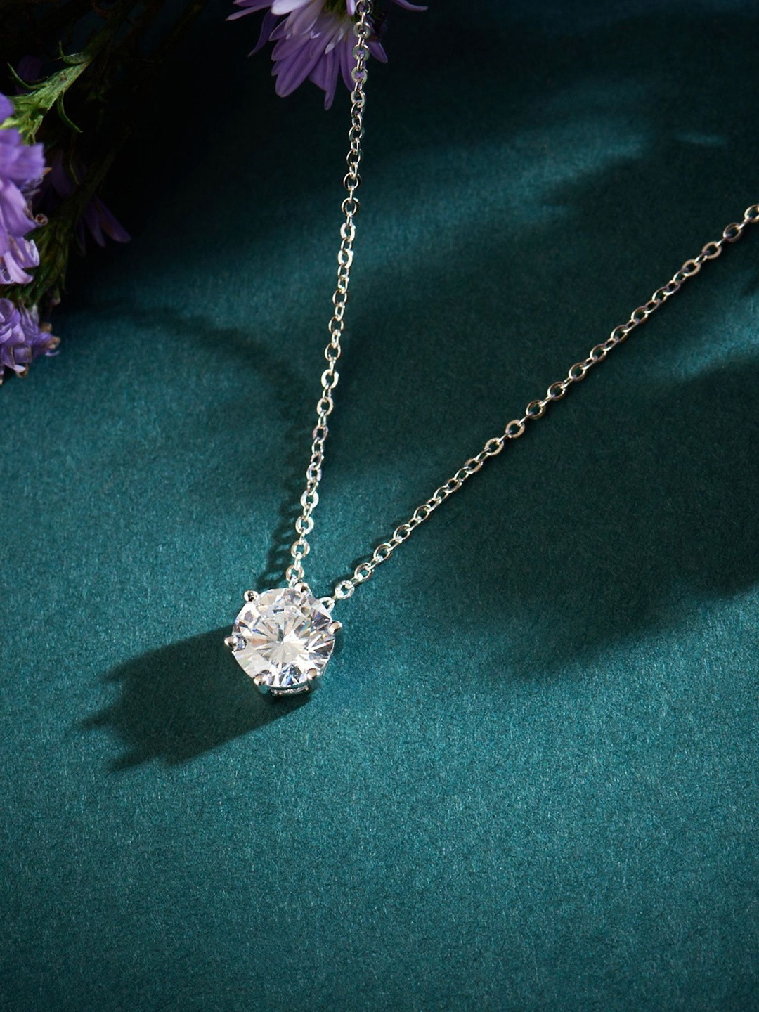 Zavya Sterling Silver Her Constant Light Solitaire Rhodium-Plated CZ-Studded Chain